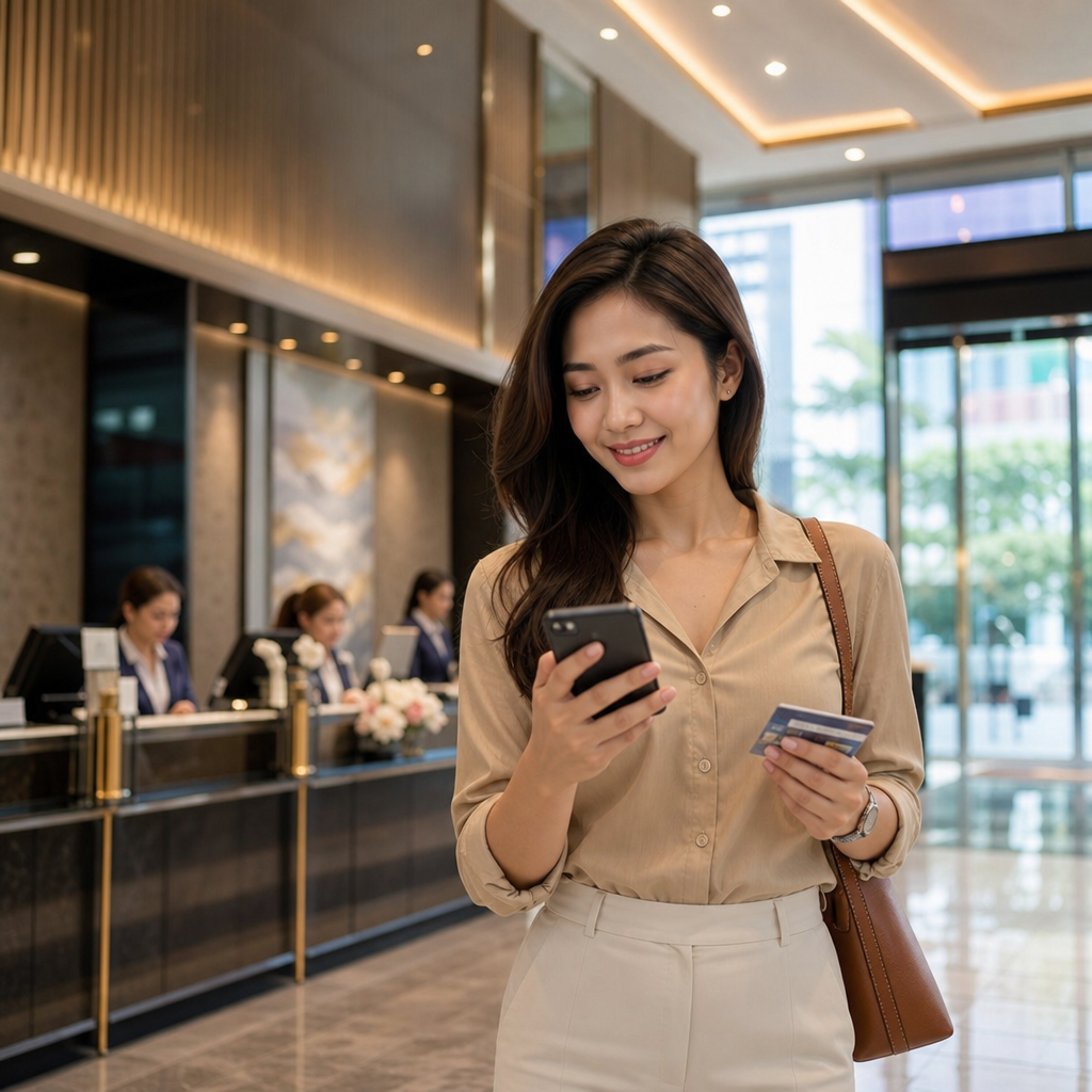 Young woman paying with a smartphone and credit card in a modern hotel lobby