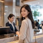 Smiling woman checking in at a hotel reception desk while a receptionist assists in the background