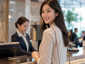 Smiling woman checking in at a hotel reception desk while a receptionist assists in the background