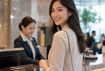 Smiling woman checking in at a hotel reception desk while a receptionist assists in the background