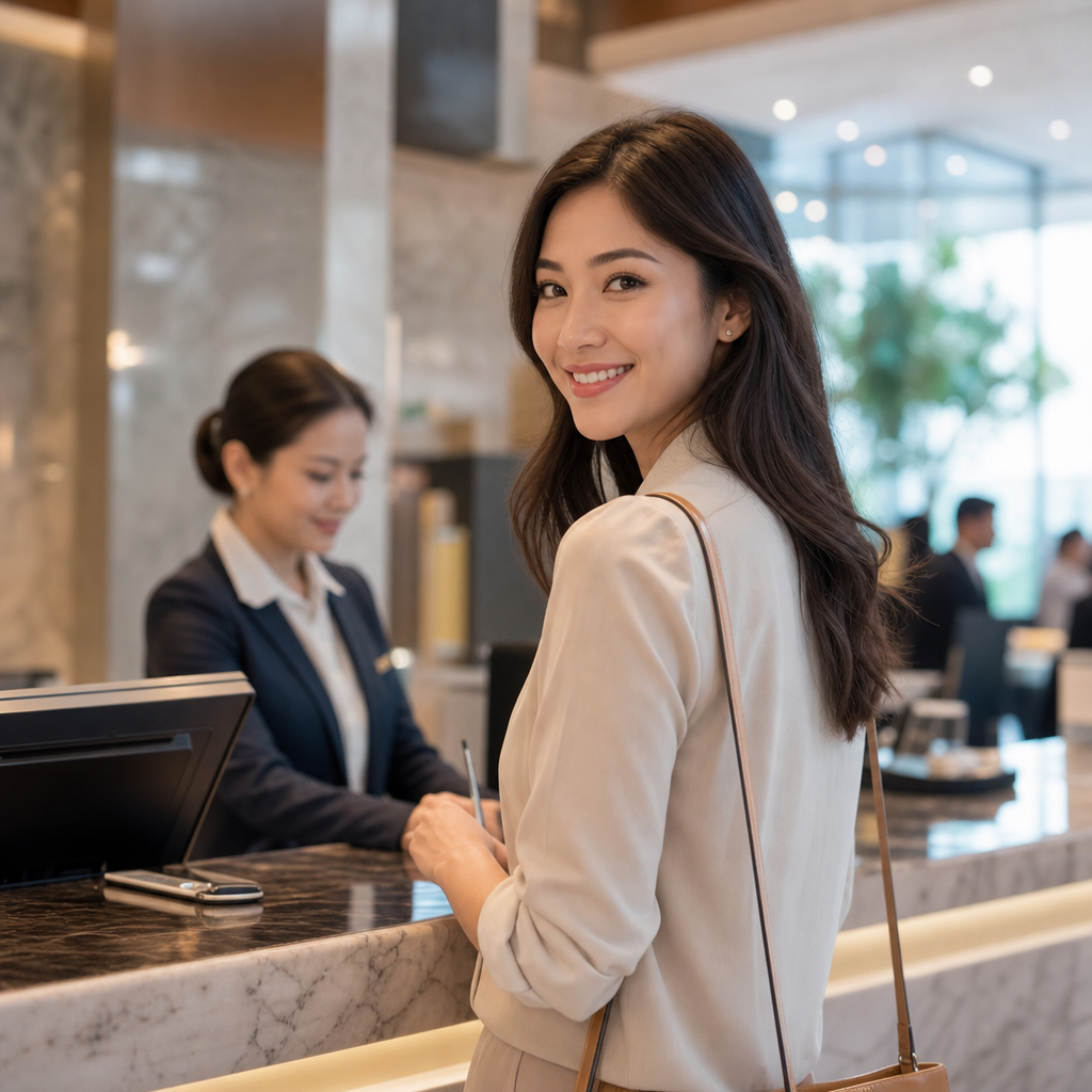 Smiling woman checking in at a hotel reception desk while a receptionist assists in the background