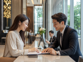 Business professionals discussing documents in a modern office lobby