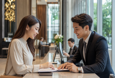 Business professionals discussing documents in a modern office lobby
