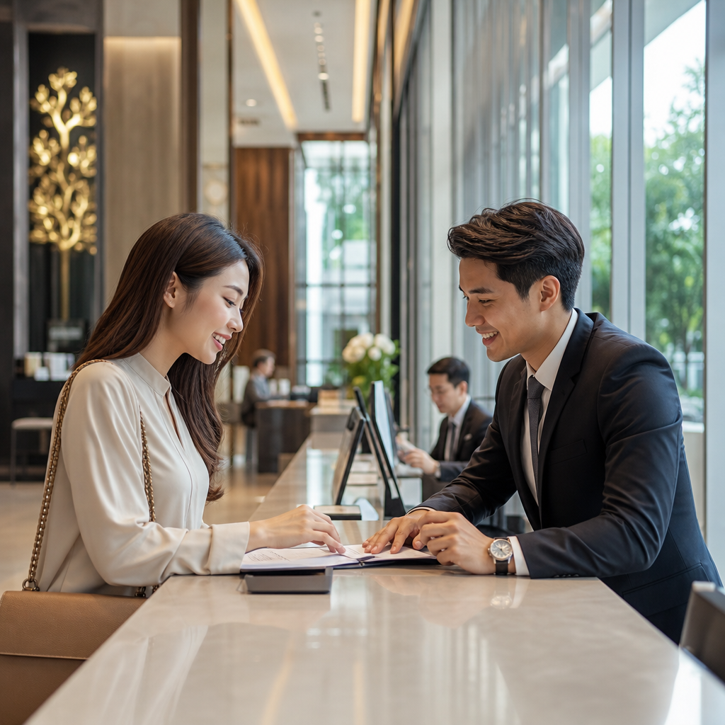 Business professionals discussing documents in a modern office lobby