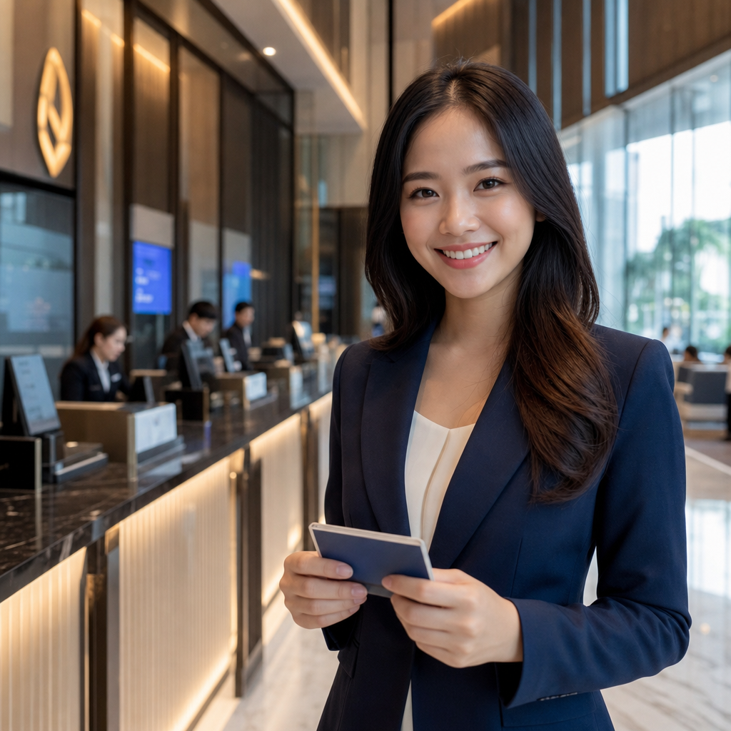 Smiling businesswoman holding a tablet in a modern office lobby