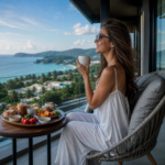 Woman enjoying breakfast on a balcony with a scenic ocean view in Thailand