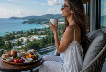 Woman enjoying breakfast on a balcony with a scenic ocean view in Thailand