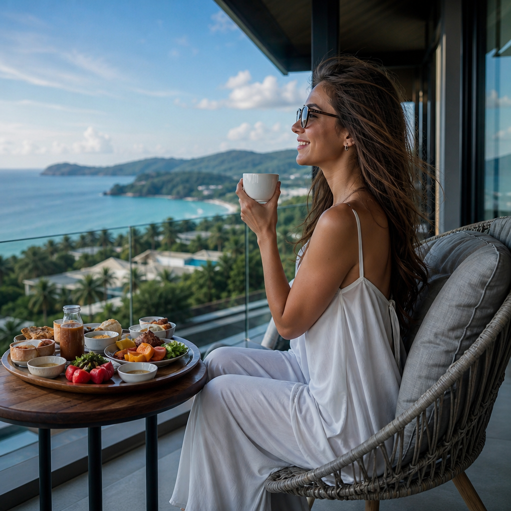 Woman enjoying breakfast on a balcony with a scenic ocean view in Thailand
