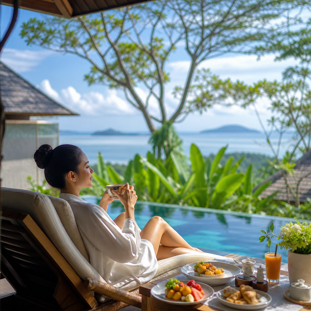 Woman relaxing by an infinity pool with tropical breakfast and ocean view in Thailand