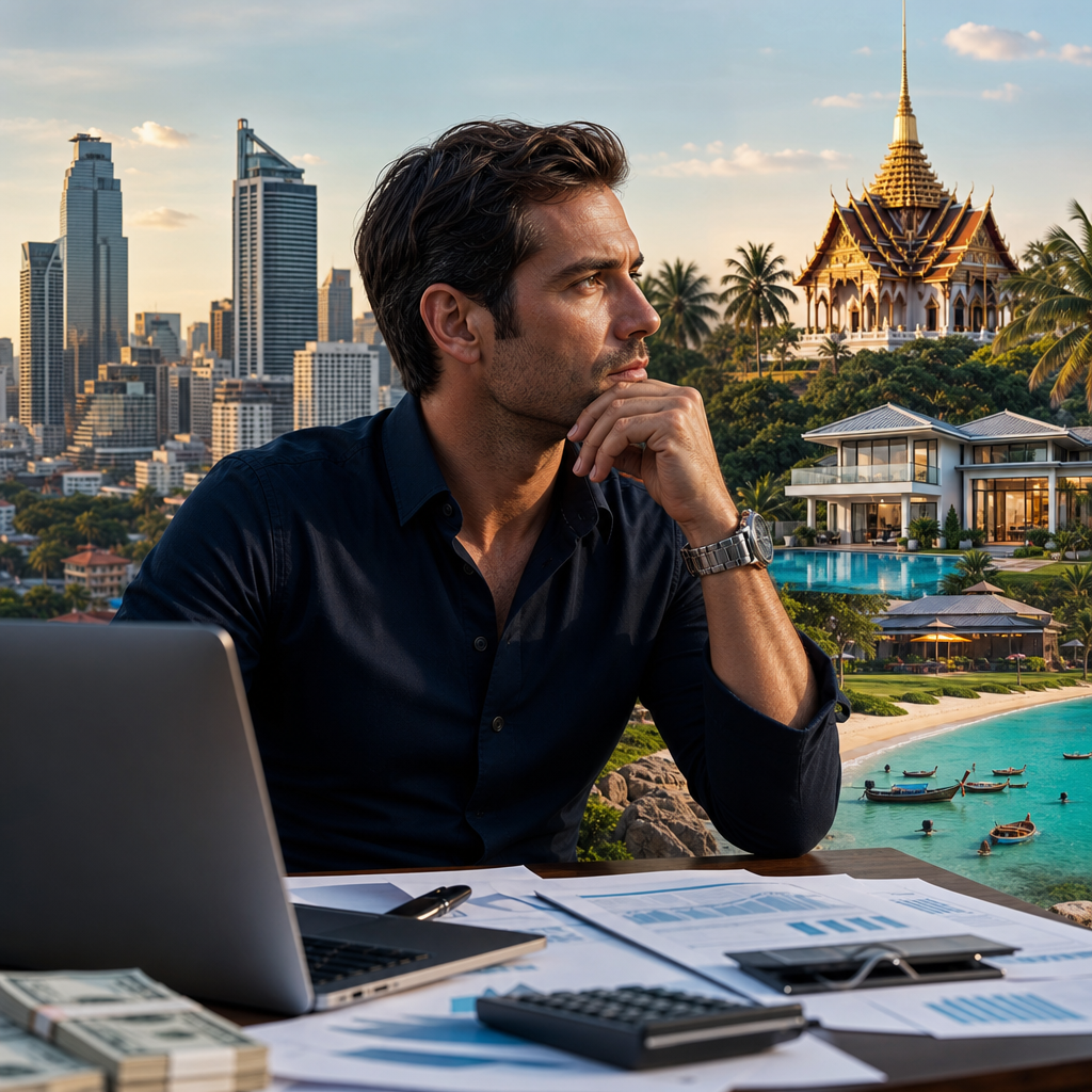Businessman reviewing financial documents and laptop overlooking a city skyline and tropical resort in Thailand