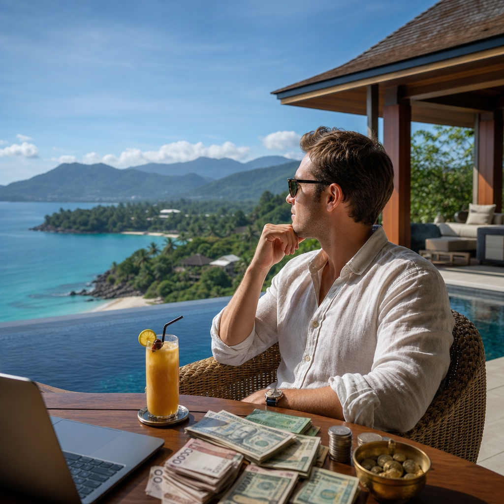 Man working remotely by a tropical ocean with money and a drink on the table