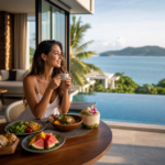 Woman eating a healthy breakfast by a pool overlooking the ocean in Thailand