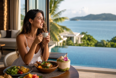 Woman eating a healthy breakfast by a pool overlooking the ocean in Thailand
