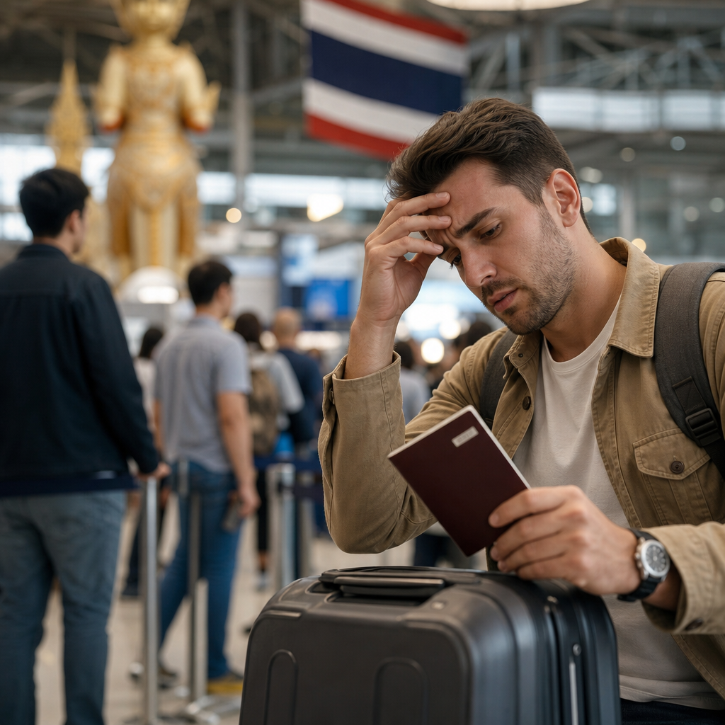 Stressed traveler in airport security line holding passport and luggage, worried about Thailand immigration mistakes