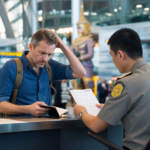 Traveler showing passport to an immigration officer at an airport checkpoint