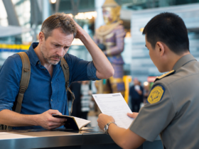 Traveler showing passport to an immigration officer at an airport checkpoint
