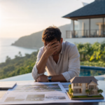 Stressed man reviewing property plans beside a house model by a pool at sunset