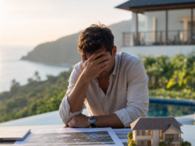 Stressed man reviewing property plans beside a house model by a pool at sunset