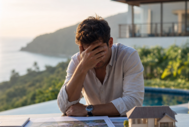 Stressed man reviewing property plans beside a house model by a pool at sunset