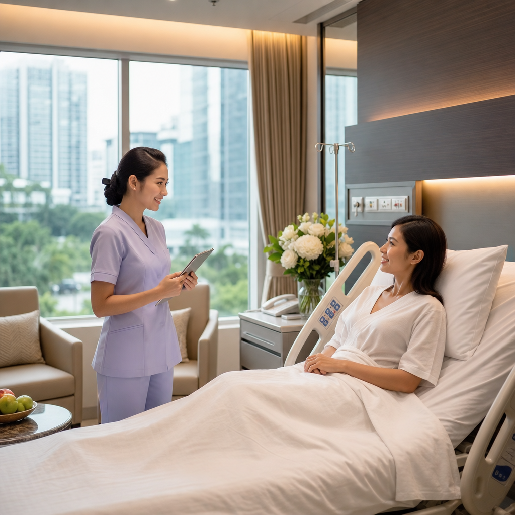 Nurse attending to a female patient in a modern private hospital room with a city view