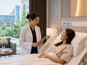 Doctor consulting with a female patient in a modern private hospital room in Thailand.