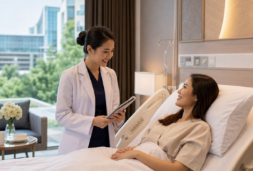 Doctor consulting with a female patient in a modern private hospital room in Thailand.