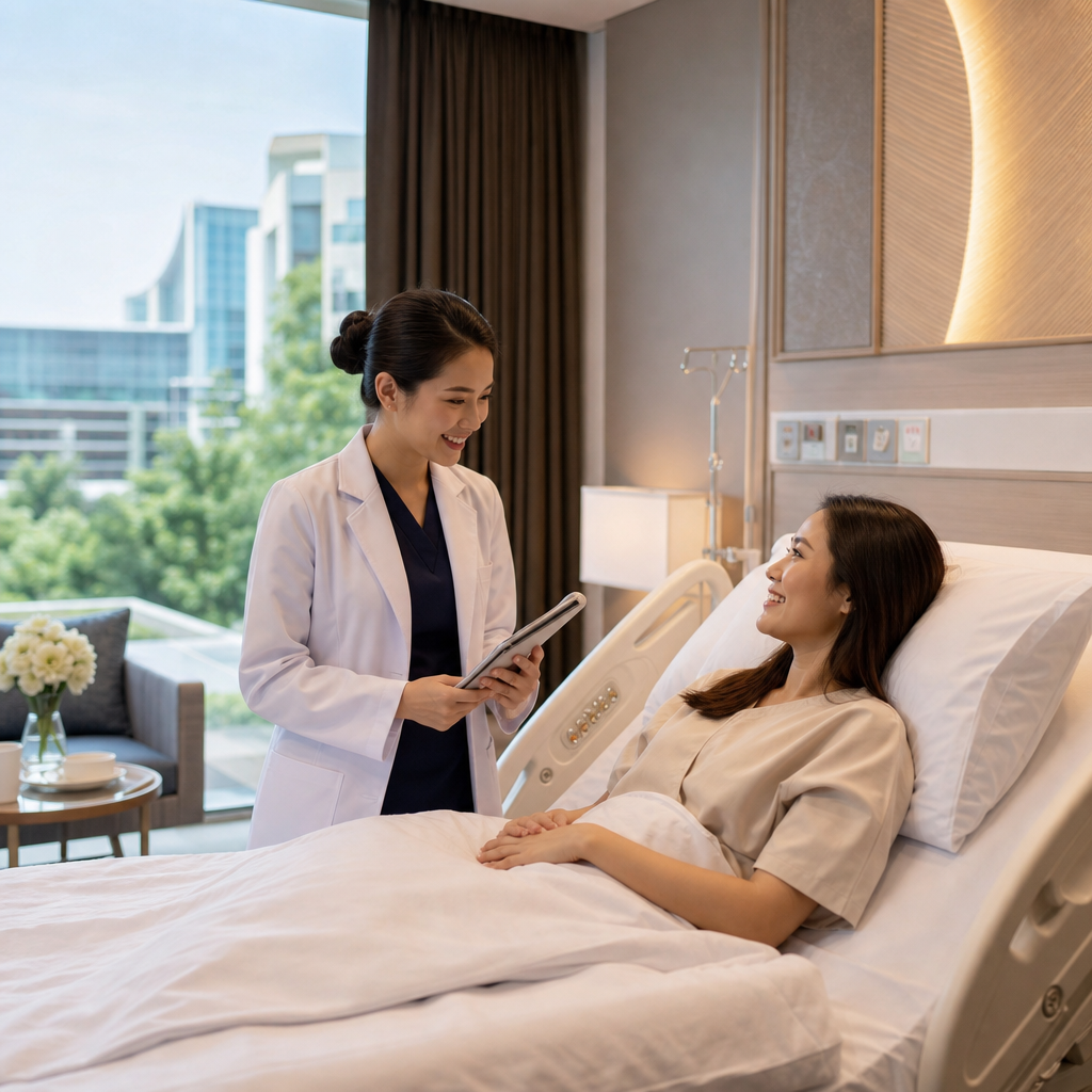 Doctor consulting with a female patient in a modern private hospital room in Thailand.