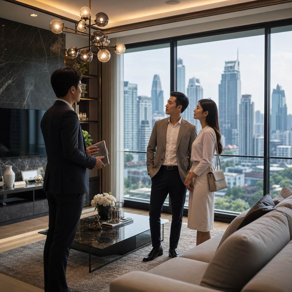 Real estate agent showing a luxury Bangkok apartment to a couple with city skyline views