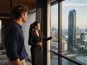 Business professionals discussing Bangkok skyline from a modern high-rise office