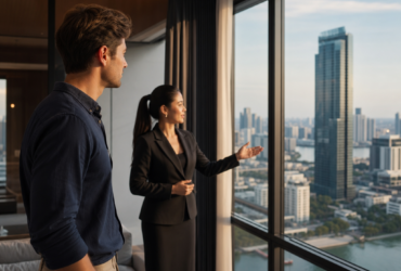 Business professionals discussing Bangkok skyline from a modern high-rise office