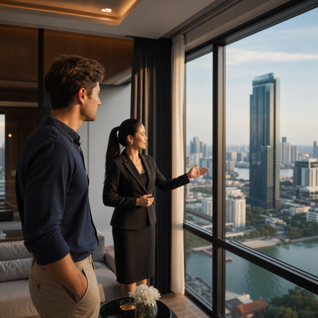 Business professionals discussing Bangkok skyline from a modern high-rise office