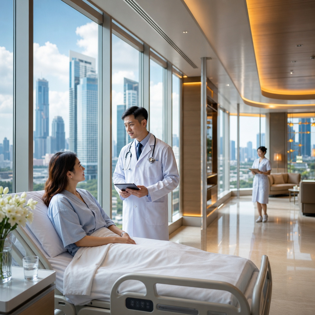 Doctor consulting with a female patient in a modern Bangkok hospital room overlooking the city