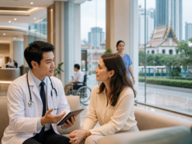 Doctor consulting with a patient in a modern Bangkok clinic with city views