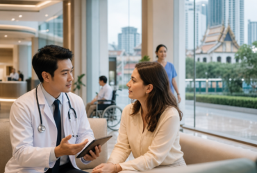 Doctor consulting with a patient in a modern Bangkok clinic with city views