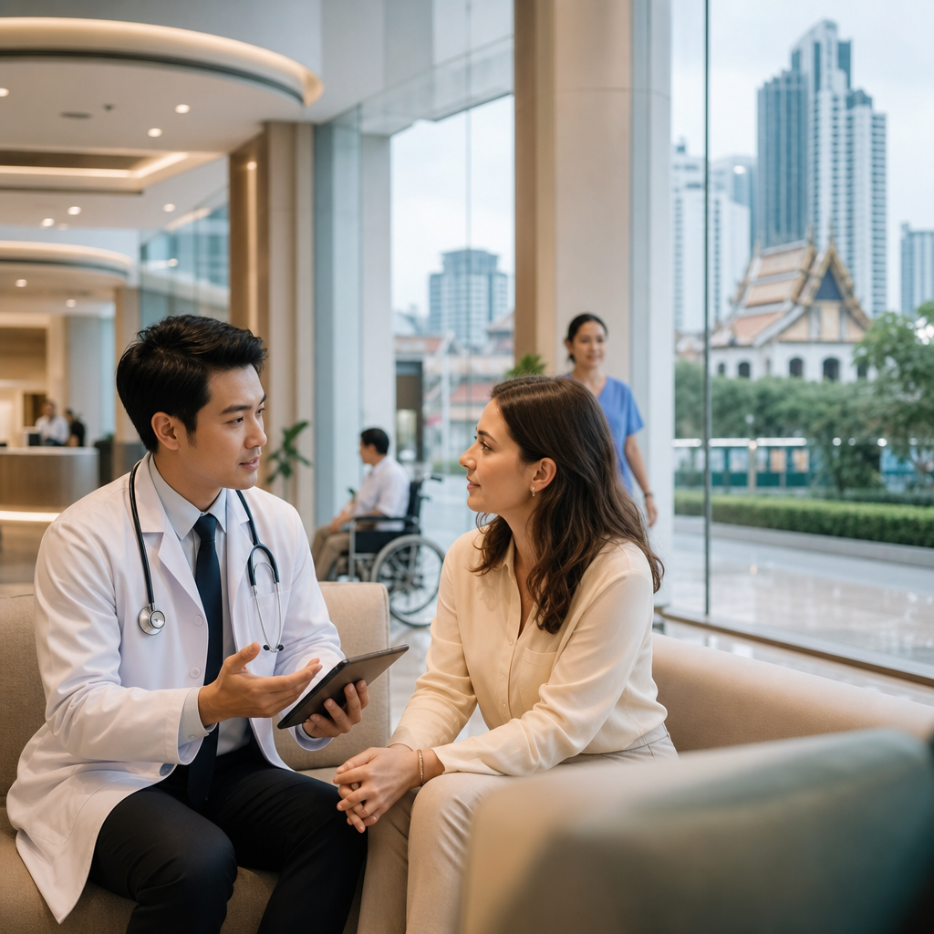 Doctor consulting with a patient in a modern Bangkok clinic with city views