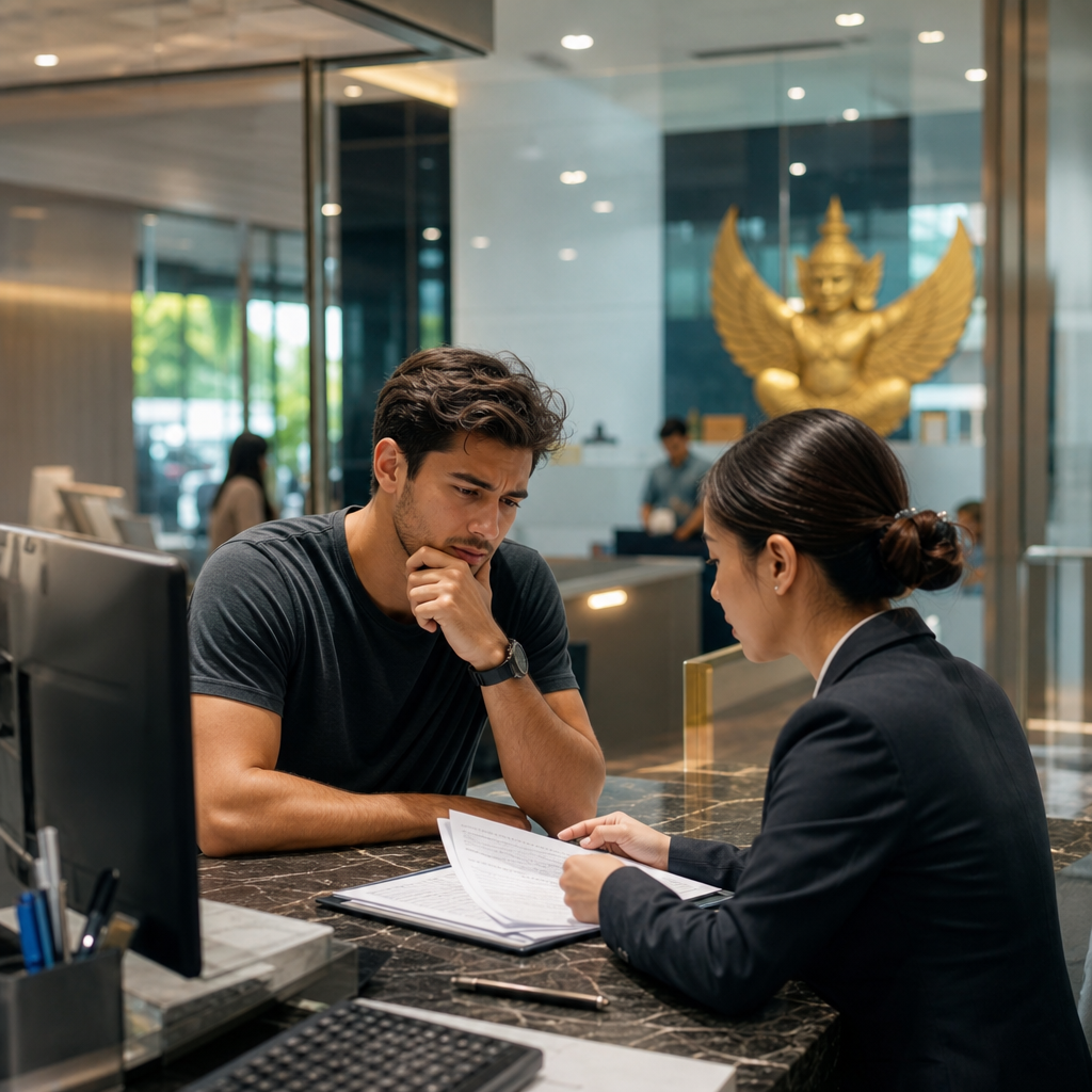Business professional consulting a client at a modern office reception desk