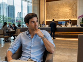 Young businessman sitting thoughtfully in a modern hotel lobby with a city view