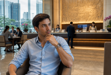 Young businessman sitting thoughtfully in a modern hotel lobby with a city view