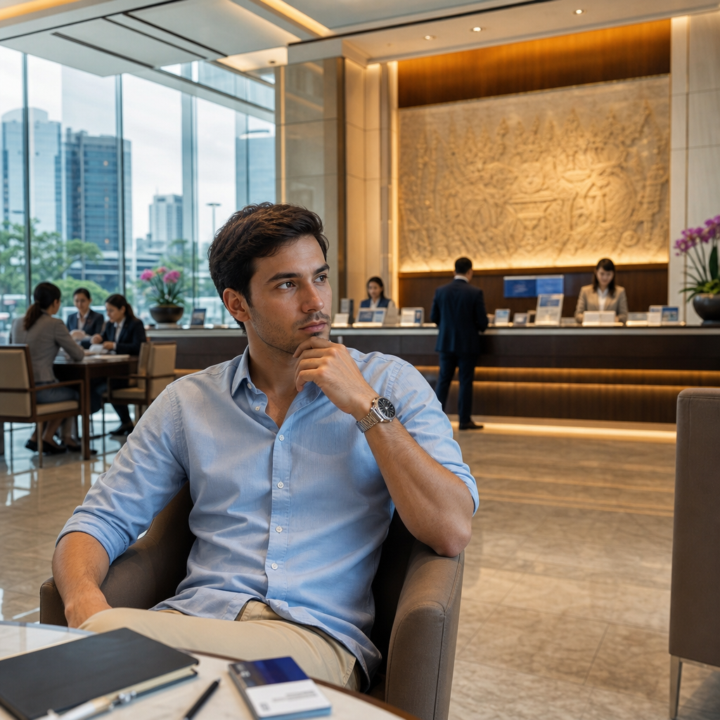 Young businessman sitting thoughtfully in a modern hotel lobby with a city view