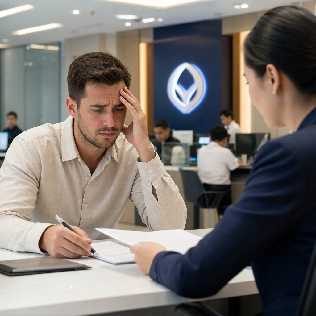 Stressed man consulting a financial advisor in a modern office about opening a bank account in Thailand