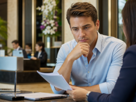 Businessman reviewing documents in a modern office during a professional meeting