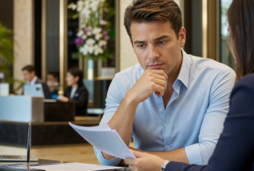Businessman reviewing documents in a modern office during a professional meeting
