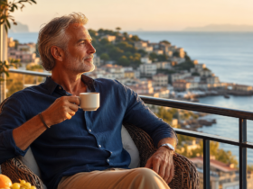 Mature man sipping coffee on a balcony overlooking a coastal town and ocean at sunset