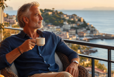 Mature man sipping coffee on a balcony overlooking a coastal town and ocean at sunset
