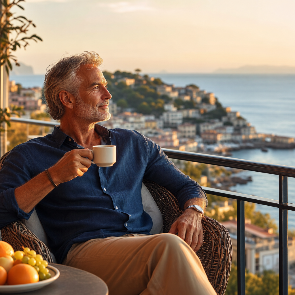 Mature man sipping coffee on a balcony overlooking a coastal town and ocean at sunset