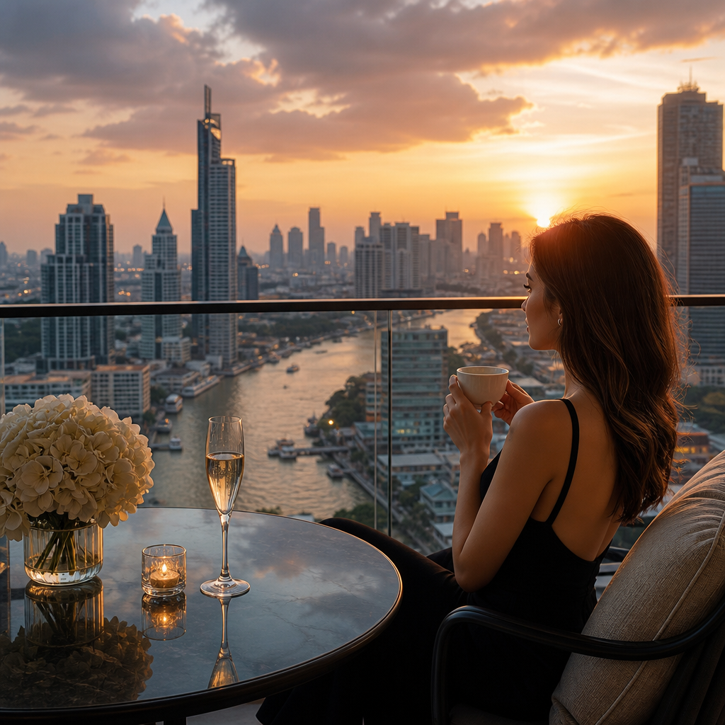 Woman sipping coffee on a rooftop terrace at sunset with a city skyline and river view