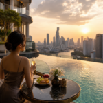 Woman with champagne relaxing in an infinity pool at sunset, overlooking a city skyline