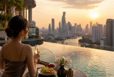 Woman with champagne relaxing in an infinity pool at sunset, overlooking a city skyline