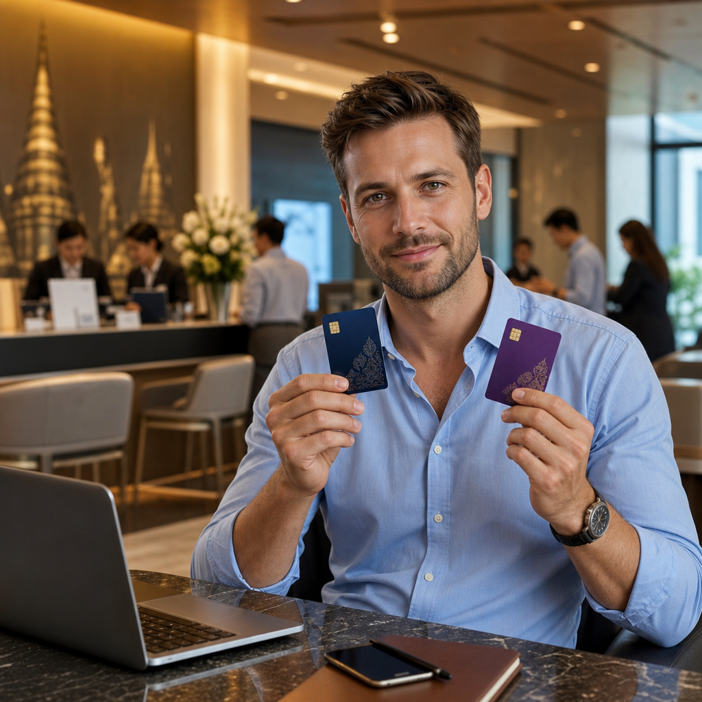 Confident man in a modern office holding two cards beside a laptop and smartphone