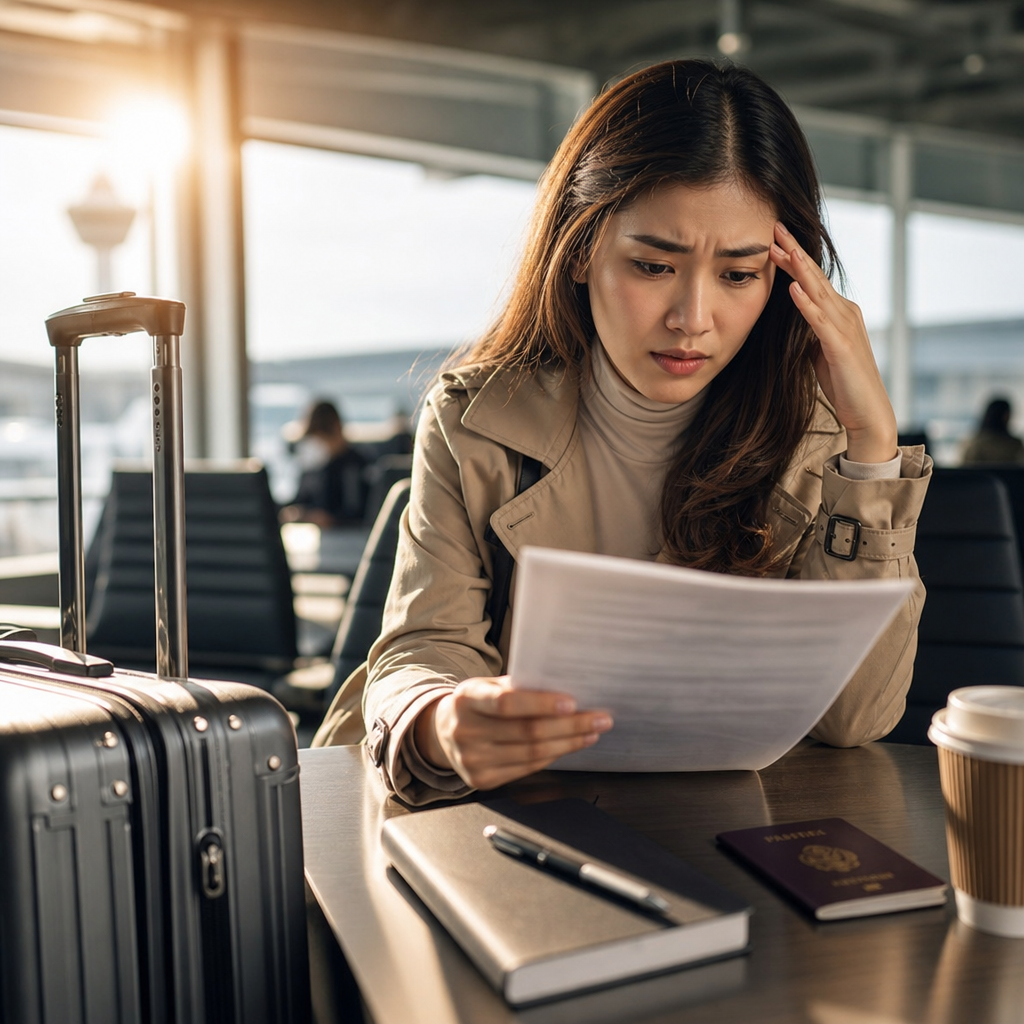 Stressed woman reviewing visa documents in an airport lounge with luggage and coffee